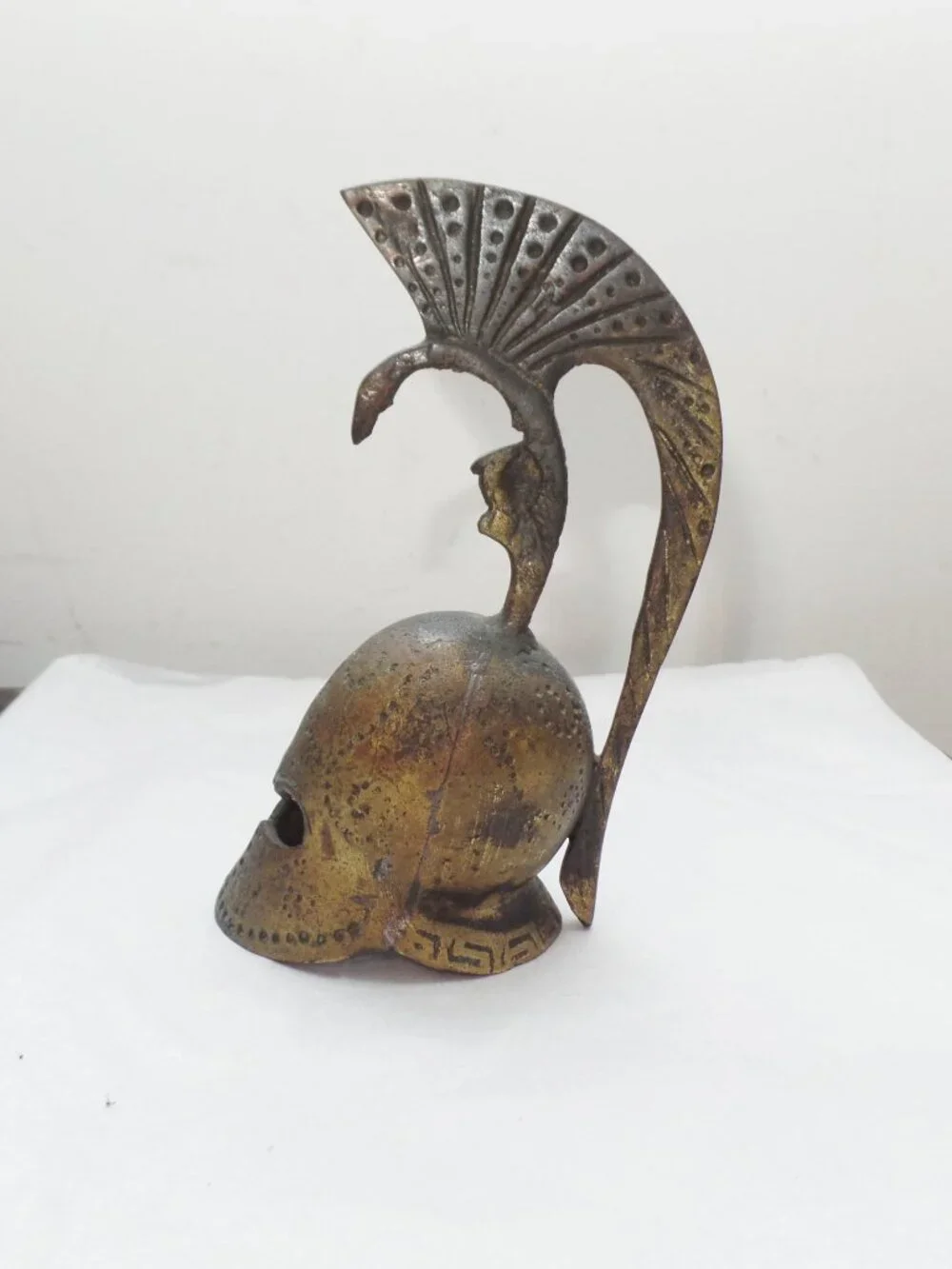 Vintage 5”  Greek Bronze Helmet w/ Patina Spartan Desk Bell